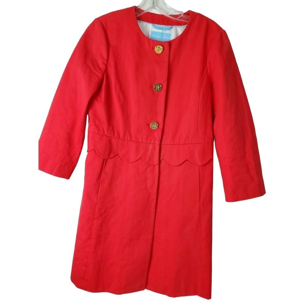 Draper James Womens Red Scalloped Coat Gold Button Front LS Mid Length Size 4